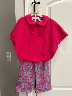 TRUE hot pink poncho and pink/blue paisley flare pants 2T 100% cotton GUC